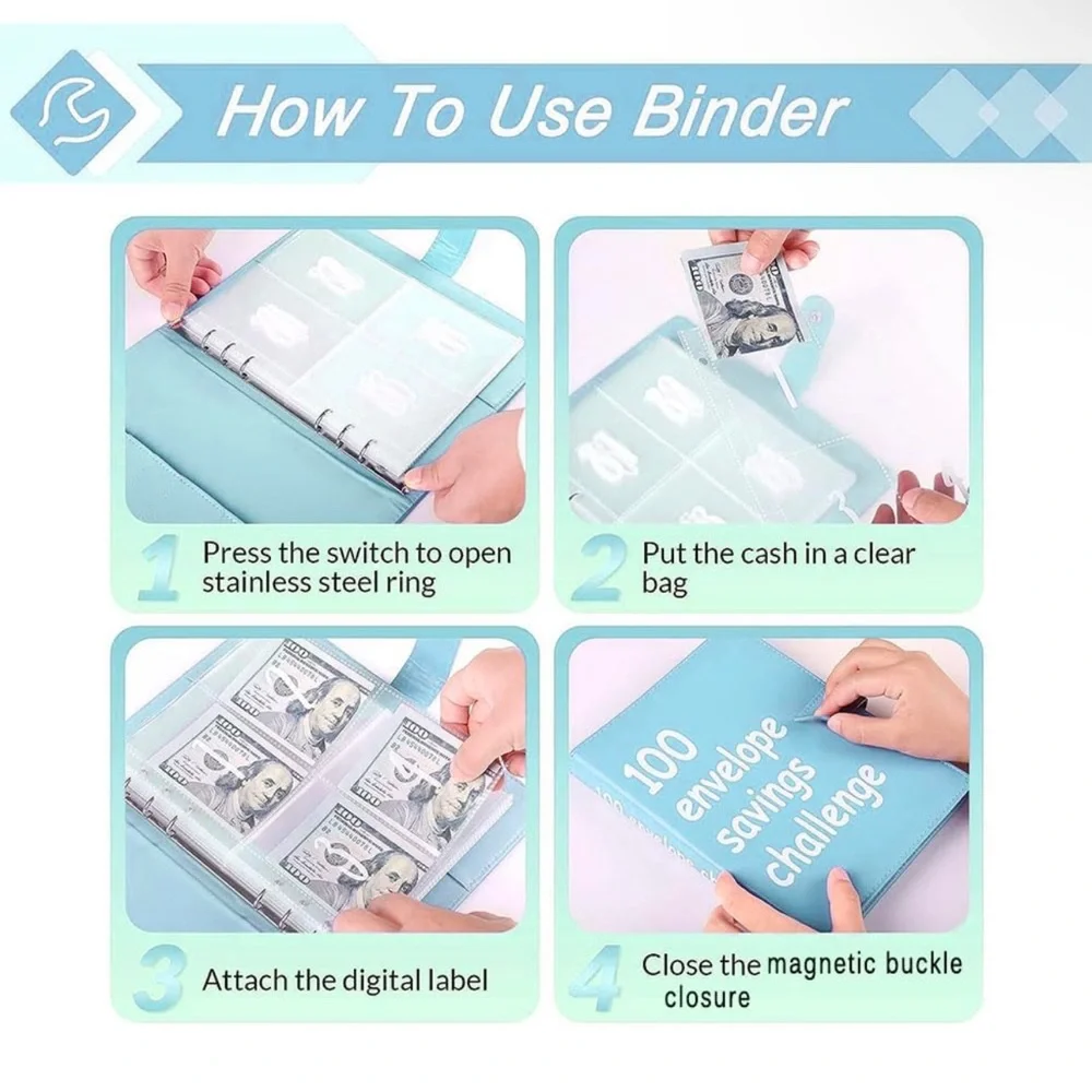 100 Envelope Money Savings Challenge Binder $5,500 (Blue)